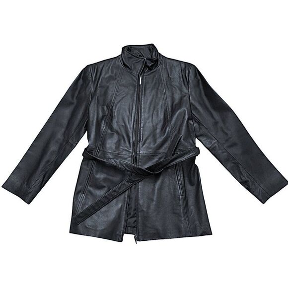 Worthington Women's Black Leather Jacket Belt Long Sleeves Front Zipper Medium - Picture 2 of 8
